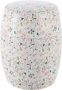 TBL1024A Chiara 17.5" Terrazzo Ceramic Indoor/Outdoor Garden Stool, White/Pink, - Picture 1 of 6