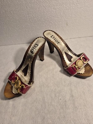Dior Vintage Pumps. Sz 40 Monogram,  Rhinestones. Unusual Wooden 3" Heel. - Image 1 of 4