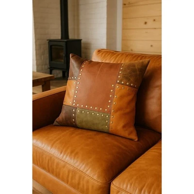 Boho Leather Cushion Cover - Handmade Rustic Tan & Olive Patchwork Pillow - Image 1 of 4
