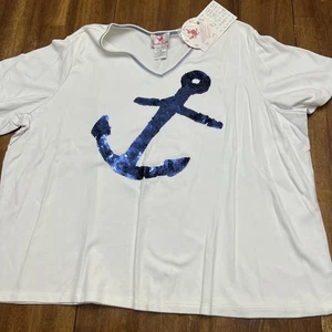NWT Quacker Factory 3X Top White Sequin Blue Anchor - Picture 1 of 10