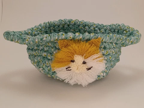 Crafted Basket with Applied Orange White Cat Face Whiskers Kitsch Fabric Crochet Cover