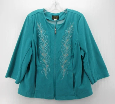 Chaqueta Bob Mackie Mujer Grande Azul Inteligente Denim Usable Arte Cuentas Floral Cremallera Foto 1 de 4