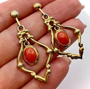 Vintage Gilt Sterling Silver 925 Women's Stud Earrings Coral Gemstone Signed Old - Picture 1 of 8