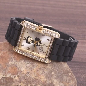 Betty Boop Women's Gold Finish Analog Wristwatch Metal Black Silicone Band - Picture 1 of 10