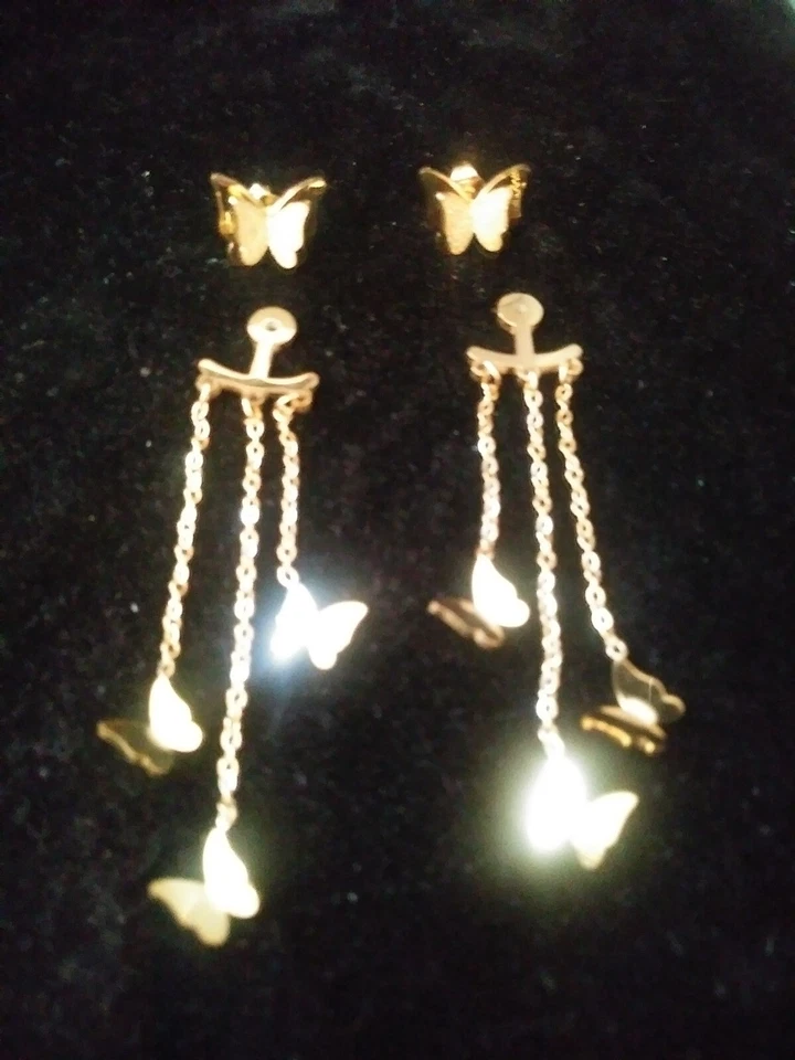 4 PC 14KT GOLD & STS BUTTERFLY STUD EARRINGS +  DANGLE JACKETS + BONUS W/P ! - Image 1 of 1
