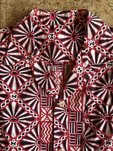 Vintage 50s 60s Red/Black Wild Pattern Hawaiian Tiki Cotton Shirt Wood Buttons