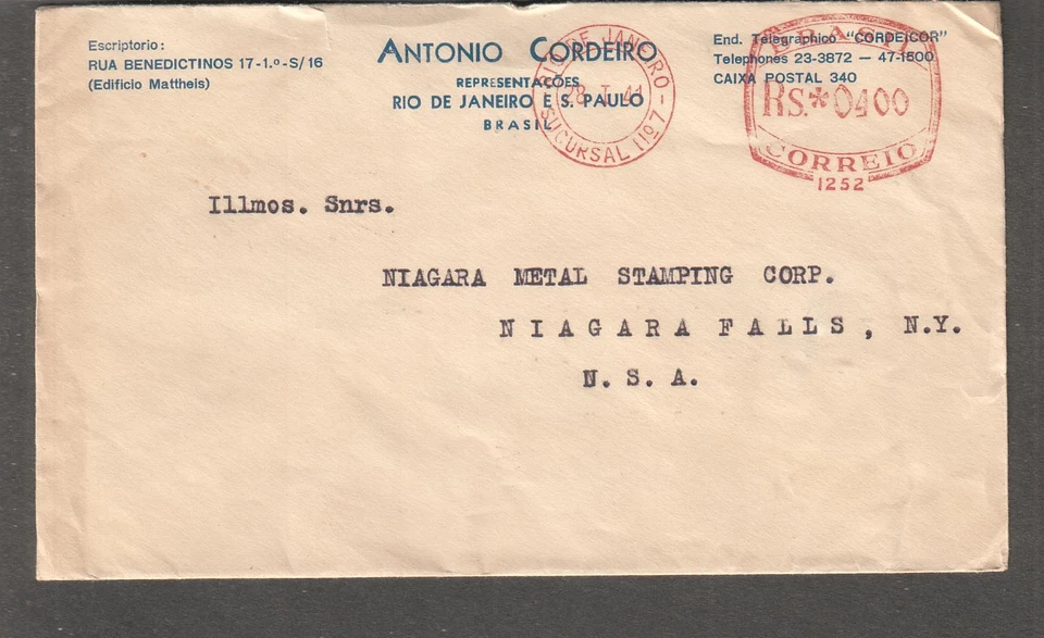 Brazil 1944 WWII meter cover A Cordeiro Rio De Janiero to Niagara Falls NY - Image 1 of 1