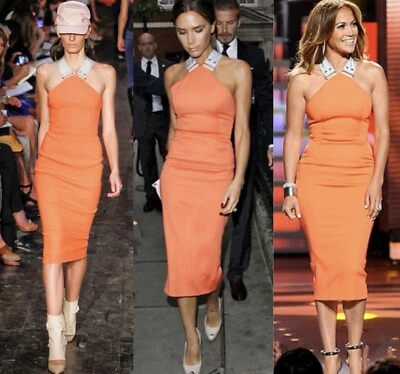 Victoria Beckham Icónico Naranja Mandarina Cóctel Bodycon Vestido Halter Lápiz Foto 1 de 4