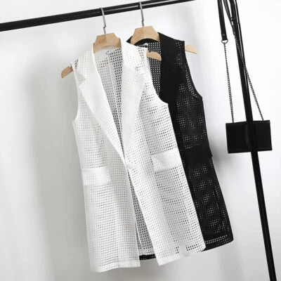 Women Hollow Out Mesh Midi Waistcoat Gilet Suit Vest Lapel Sleeveless Cardigan - Image 1 of 4