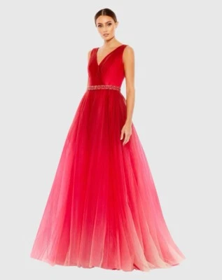 Vestido de baile Mac Duggal talla 6 rojo Ombré 20378 cinturón con cuentas sin mangas Foto 1 de 4