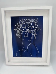 Flourishing Flower Head Girl Blue Print Framed 12x9.5” Contemporary Chic Artwork - Picture 1 of 8