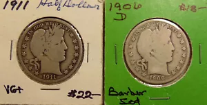 1911-P / 1906-D Barber Half Dollars - Nice Looking Coins - FREE SHIPPING - Picture 1 of 2