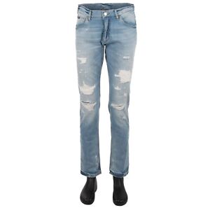 DOLCE & GABBANA Distressed Straight Jeans Trousers with Logo Plate Blue 11271