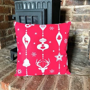 659. CHRISTMAS BAUBLES WHITE ON RED 100% Cotton Cushion Cover.Various sizes - Picture 1 of 3