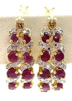 Sterling Silver / 925  Simulated Ruby & CZ Hoop Earrings 1'' Long - Image 1 of 4