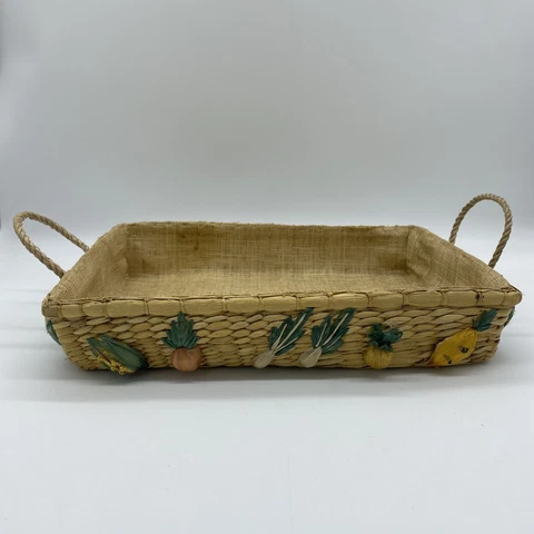 Vintage Casserole Basket Woven Tray Bread Raffia Vegetables Lined 9” X 14” Cover