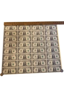 2001 UNCUT UNCIRCULATED FULL SHEET Of 32 $1 One Dollar Bill ~ 25” X 21” - Picture 1 of 11