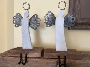 2 Handmade Angel Stocking Holder Metal Stone Wood 11" Rustic Christmas Farmhouse - Picture 1 of 8