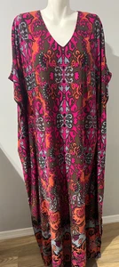 Joan Rivers Women Large Caftan Dress Long Maxi Magenta Abstract Liquid Knit - Picture 1 of 6
