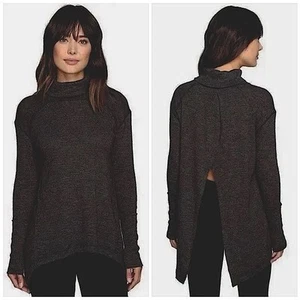 We The Free People Split Back Turtleneck Top Dark Gray Long Sleeve Boho Size M - Picture 1 of 6