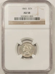 1865 THREE CENT NICKEL - NGC AU-58 - Picture 1 of 3