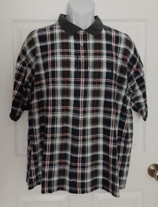 Vintage Duck Head Navy Red Green White Plaid Men's Polo Short Sleeve Shirt Sz L - Picture 1 of 8