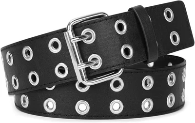 WERFORU Double Grommet Belt PU Leather Punk Belt for Women Men Jeans 2 Hole Belt - Image 1 of 4