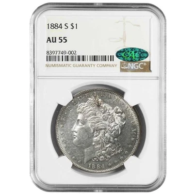 1884-S $1 Morgan Silver Dollar Better Date NGC AU55 Brown Label CAC - Image 1 of 3