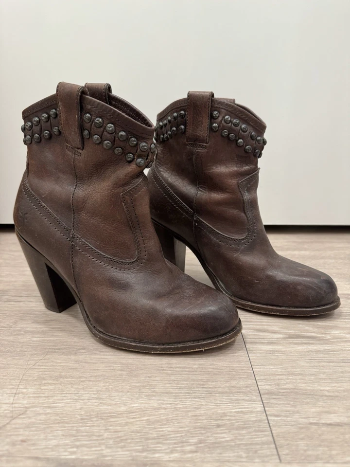 Frye Jenny Cut Vintage Distressed Studded Brown Heeled Boots - Image 1 of 4