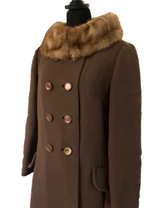 VTG 1960s Brown Wool & Mink Collar Coat  60s Vintage Mod Jacket Long RARE Sz S/M - Picture 1 of 6