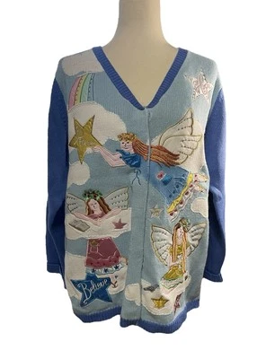 Vintage Christian Christmas Angels Cardigan Blue Sweater Knit Large Embellished - Image 1 of 4