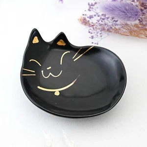 Japanese Handmade Small Plate Cat Shape Black Gold Painted Pottery Seto ware - Picture 1 of 9