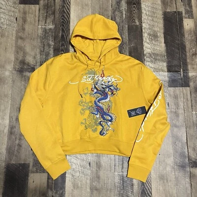 Sudadera con Capucha Ed Hardy Christian Audigier Dragón Recortada Amarilla para Mujer XL Nueva con Etiquetas Foto 1 de 4