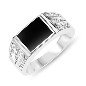925 Sterling Silver Men's Signet Ring with Onyx & Cubic Zirconia,Gift - Picture 1 of 7