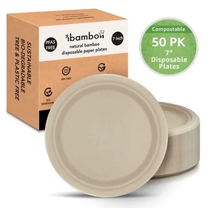 Platos de papel desechables de bambú Ibambo - 7 pulgadas, paquete de 50, platos compostables - Imagen 1 de 9