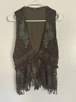 Miss Me Sleeveless Olive Green Vest With Lacy Details Size Large - Image 1 of 4