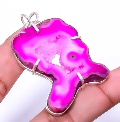 Pink Geode Agate Drusy - Africa Gemstone 925 Sterling Silver Pendant 2.18" A319 - Image 1 of 4