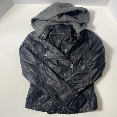 Rock & Republic Women's Black Faux Leather Jacket With Removable Grey Hood Xs - Image 1 of 4