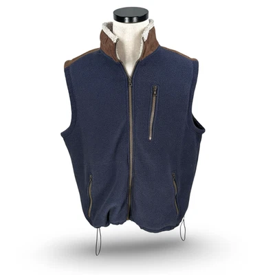 Chaleco polar Orvis para hombre grande azul marino cuello sherpa ribete de cuero cremallera completa Foto 1 de 4