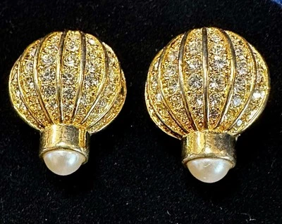 Vintage Joan Rivers Gold Plated Faux Pearl Rhinestone Clip-on Earrings - Image 1 of 3