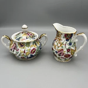Vintage Lefton China Floral Chintz Creamer and Lidded Sugar Bowl Pink Yellow - Picture 1 of 10