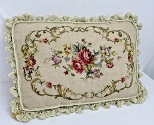 Large Vintage Wool Needlepoint Tapestry Throw Pillow w/ Tassels 24”x16” Handmade - Picture 1 of 9