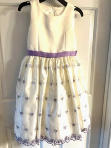 New Sunday Dress Flower Girl 10 Beige Purple Belt Lace Skirt Embroidered Flowers - Picture 1 of 13