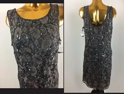 Vestido Pisarro Nights Adornado Malla Cuentas Sin Mangas Sin Mangas Marrón Gris Encaje 16 Foto 1 de 4