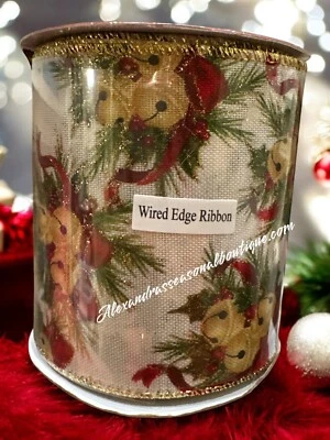 Robert Stanley Christmas Bells Bow Gold With Glitter Wired Edge Ribbon 4”x 30ft - Image 1 of 4