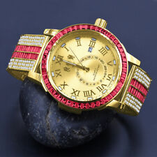 Men's Genuine Diamond Yellow Gold Finish Baguette Hot Pink  Custom Luxury Watch
