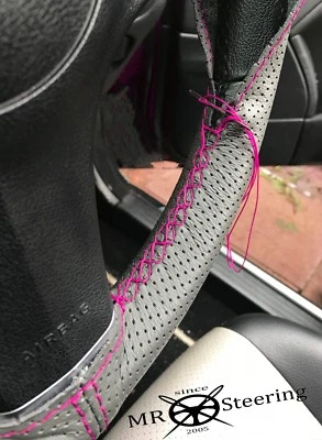 GREY PERFORATED LEATHER STEERING WHEEL COVER FOR RANGE ROVER 86+ PINK DOUBLE STT Foto 1 de 4