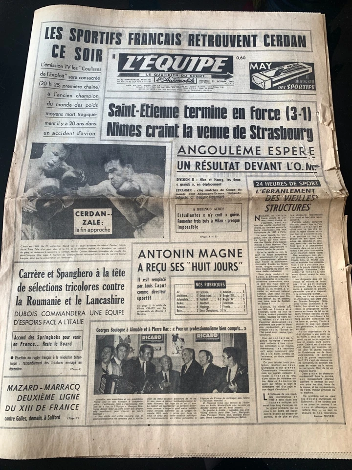 b)L'Equipe Journal 22/10/1969; Hommage Marcel Cerdan/ Saint-Etienne/ Nîmes-Stras - Photo 1/1