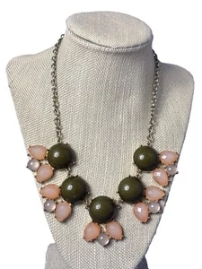 Statement Bib Necklace Green Cabochons Pink Rhinestones Goldtone 15 - 18 inches - Picture 1 of 3