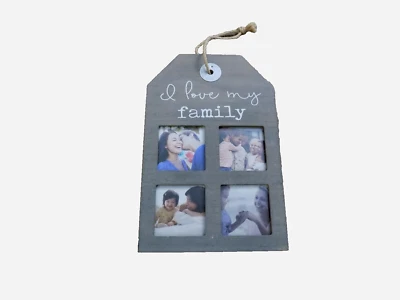 Marco de fotos I Love My Family Shabby Chic en forma de etiqueta de madera de 4 aberturas de 2,5" x 2,5" Foto 1 de 4